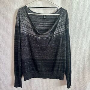 DKNY Black Silver Metallic Cowl Neck Ombré Striped Lightweight Sweater Large